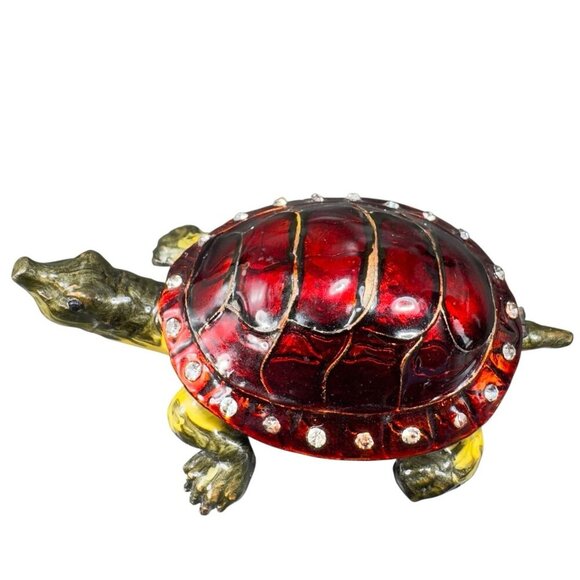 VTG Turtle Red Shell Enamel Over Metal Bejeweled Hinged Trinket Box Pill Box - Picture 1 of 10